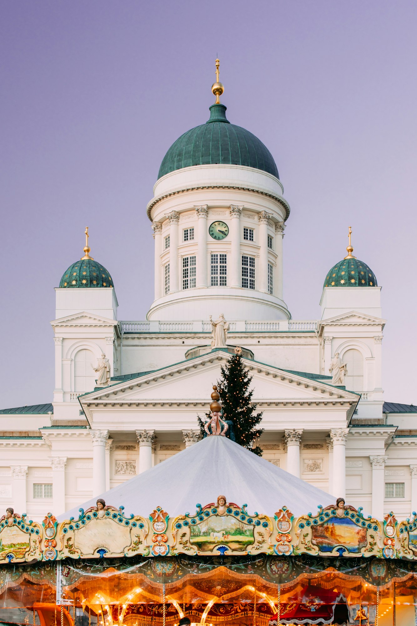 Helsinki, Finland. Xmas Market On Senate Square With Holiday Carousel And Famous Landmark Is